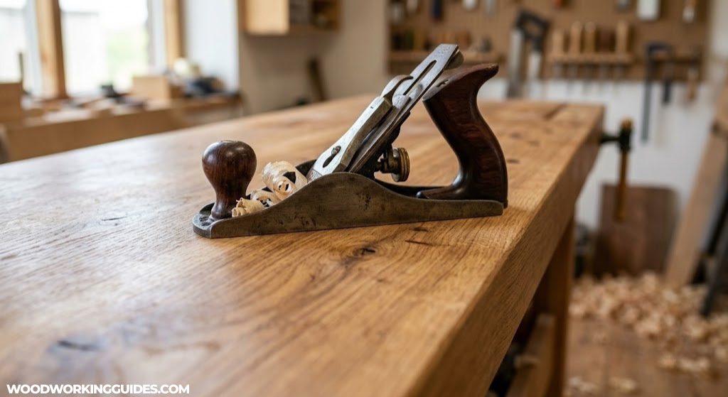 Close up of wood grain and hand plane on a bench