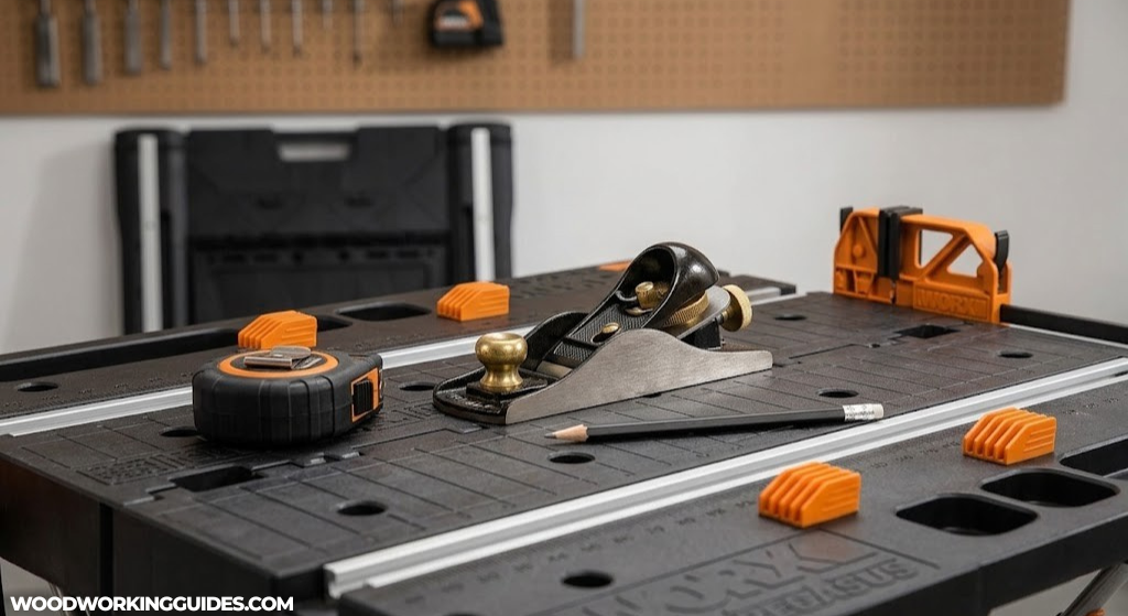 Close up of woodworking tools on a workbench
