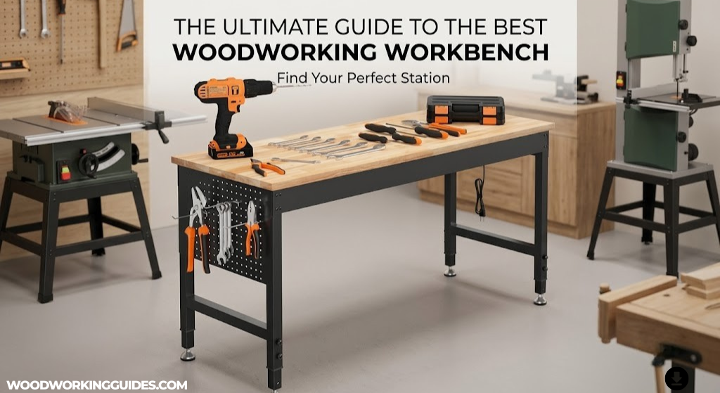 A high-quality adjustable woodworking workbench loaded with tools