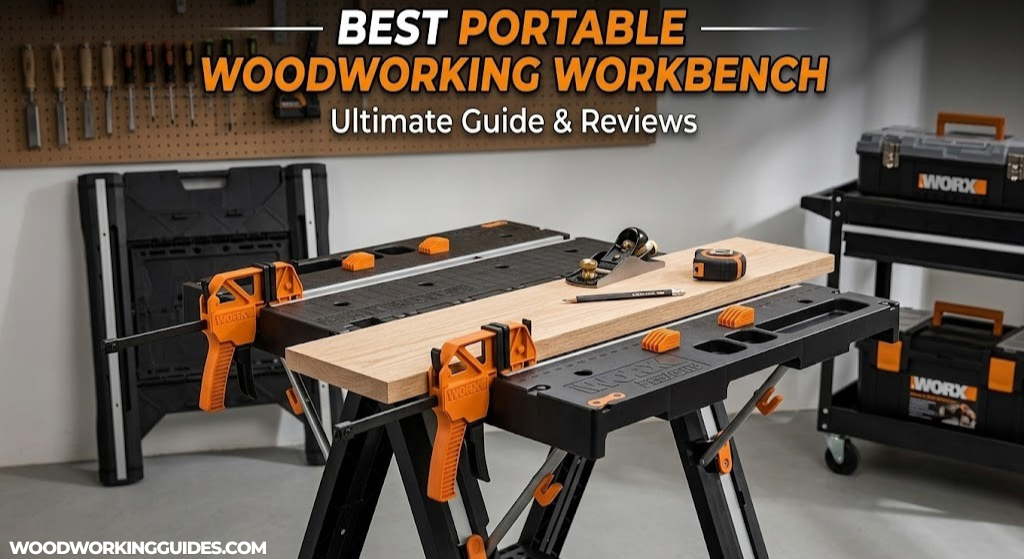 Woodworker using a portable workbench in a workshop
