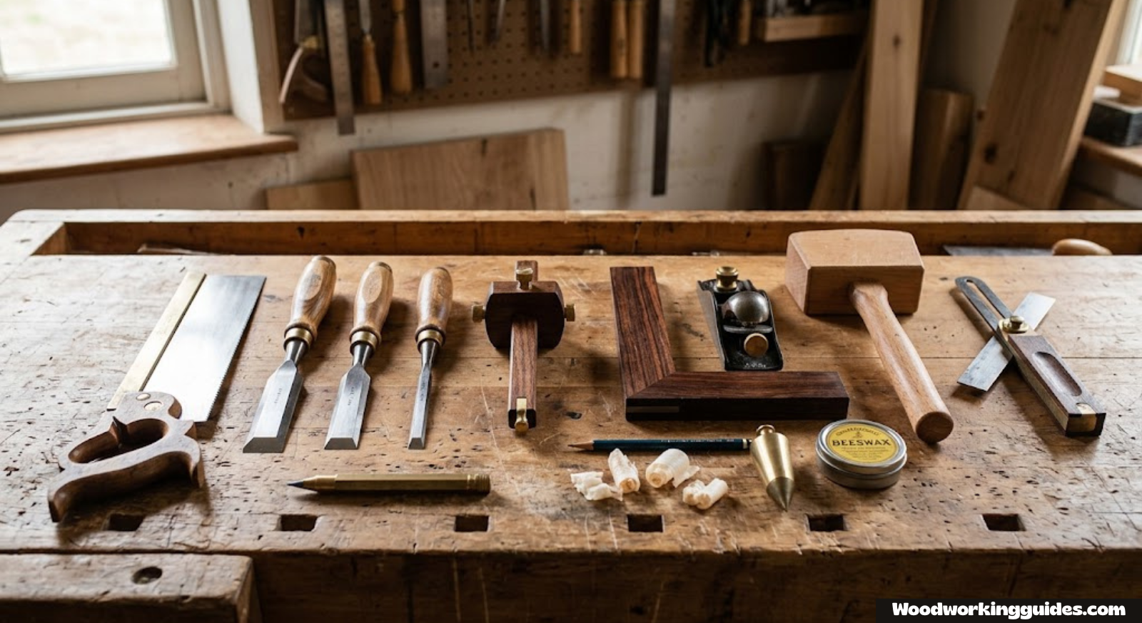 Assorted wood joinery hand tools laid out on a workbench