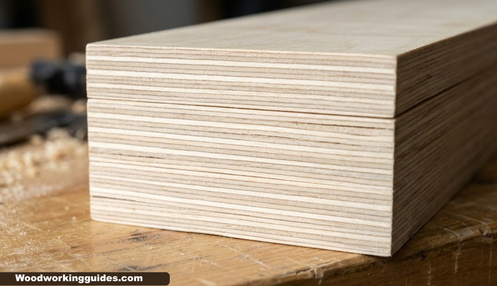 Close-up of Baltic birch plywood edge grain showing tightly stacked veneer plies