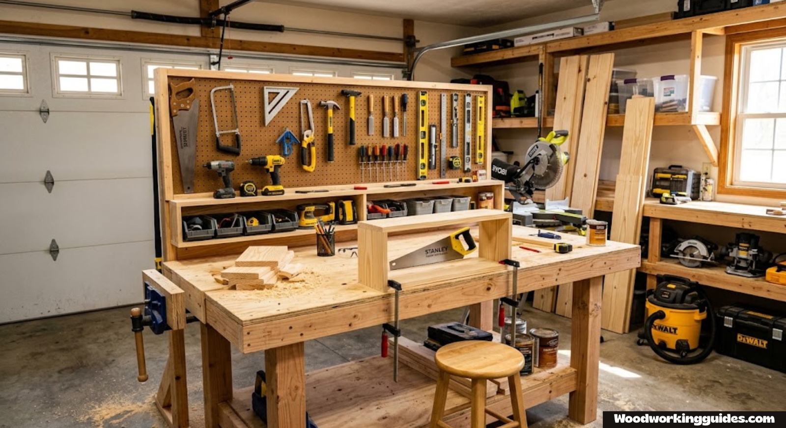 Beginner woodshop set up in a home garage with workbench and tools