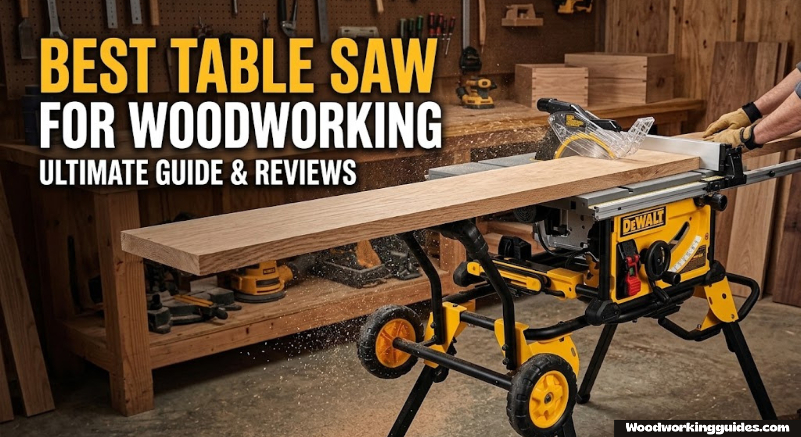 Best table saw for woodworking hero image showing a table saw cutting a wood plank