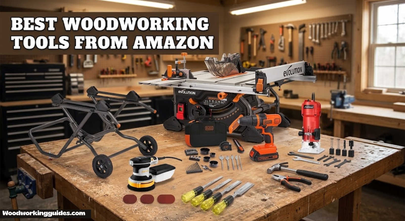 Best woodworking tools from Amazon laid out on a workbench