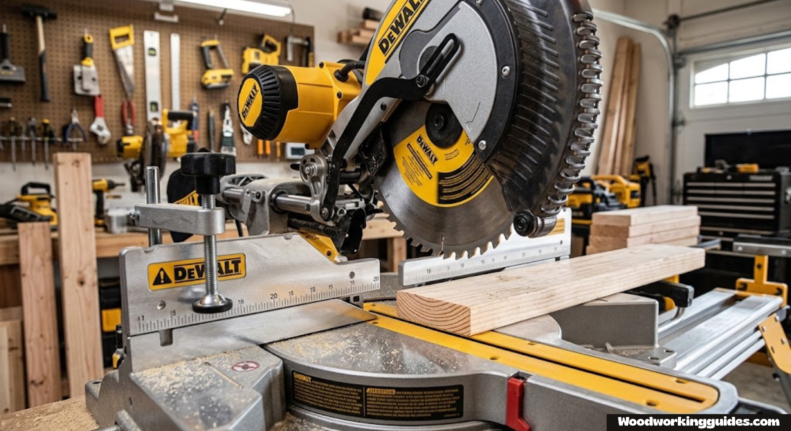 Close up of a compound miter saw blade and fence in a garage workshop