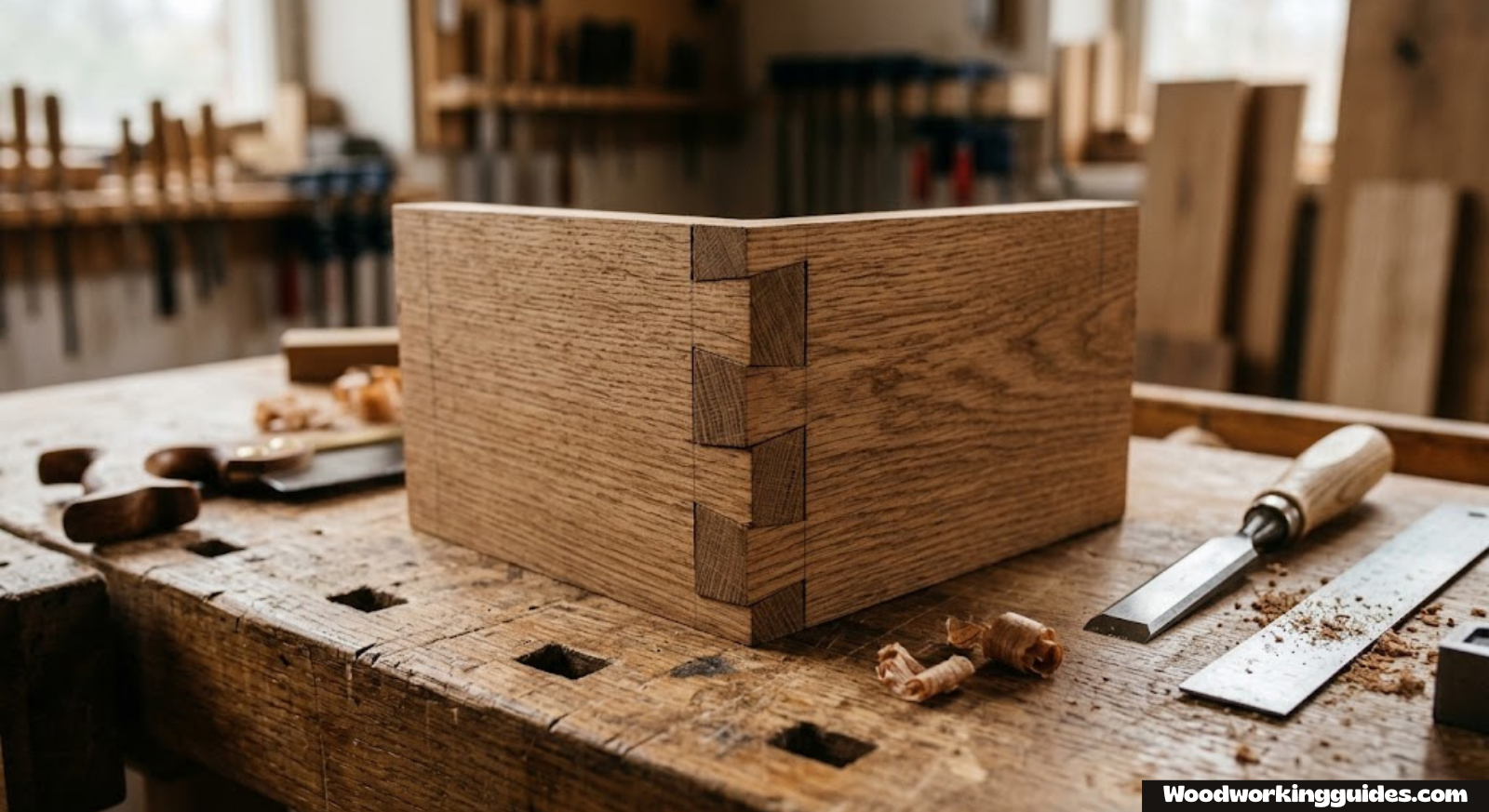 Close-up of a hand-cut dovetail joint in oak