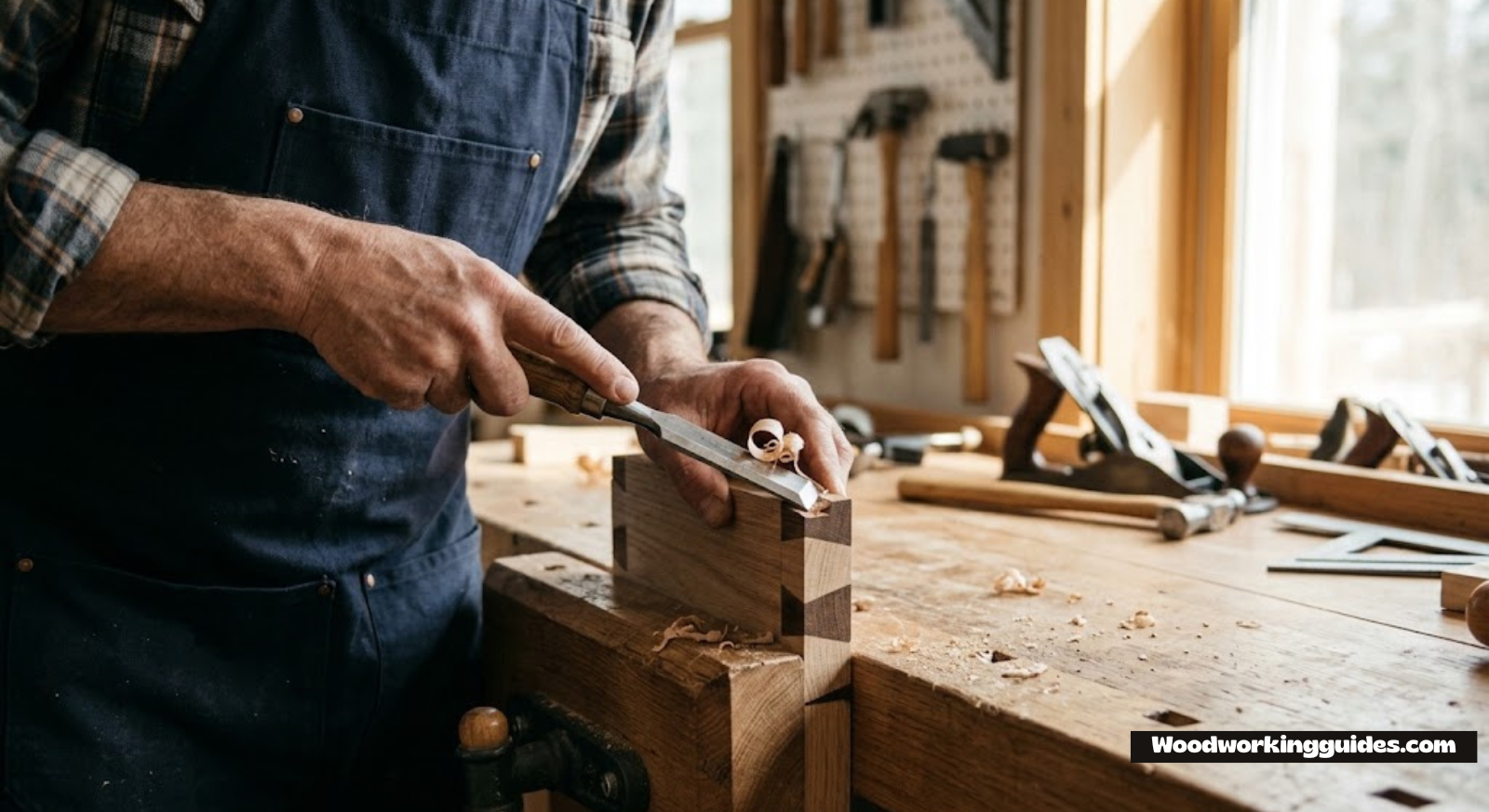 Close up of a woodworker using a chisel on a wood joint
