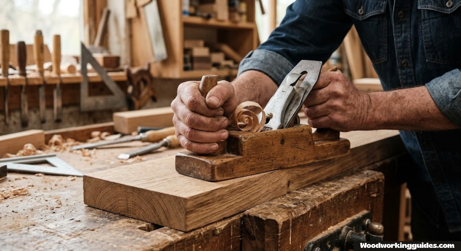 Close-up of a woodworker using a hand plane on a piece of oak