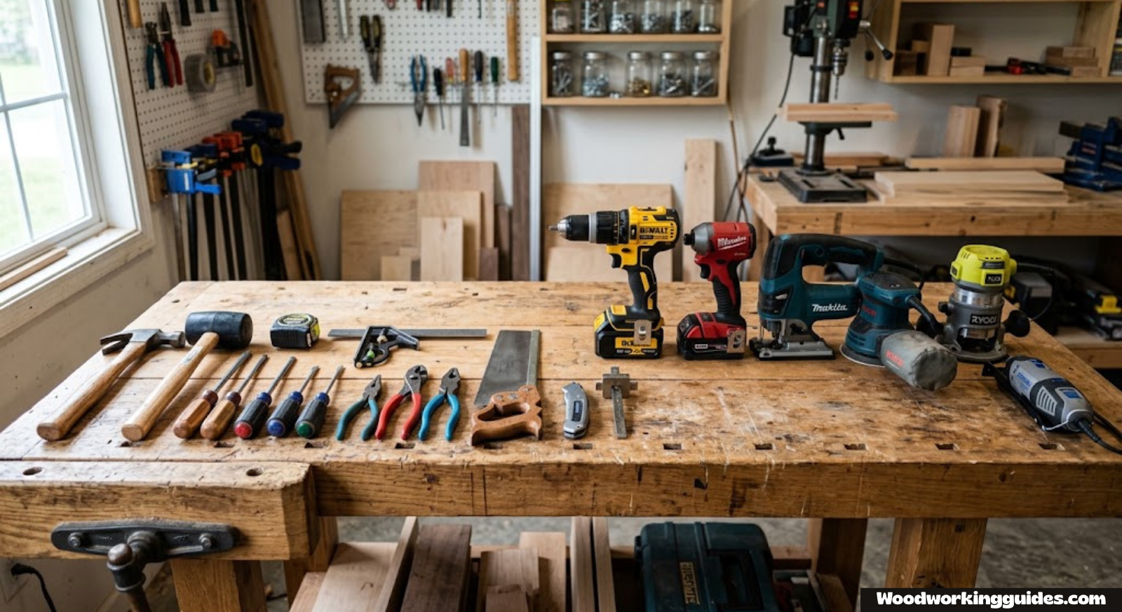 Hand tools and power tools laid out side by side on a wooden workbench
