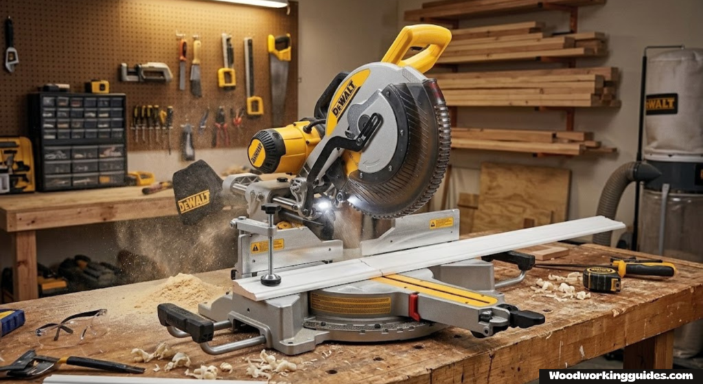 Miter saw cutting wood in a home workshop