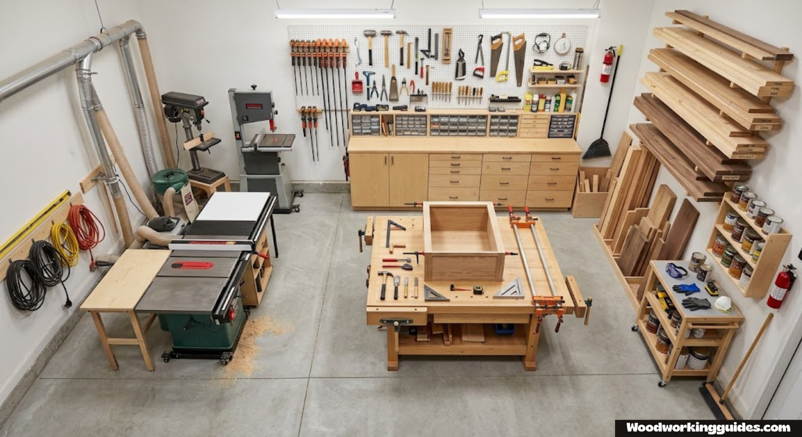 Overhead view of an organized woodworking garage shop