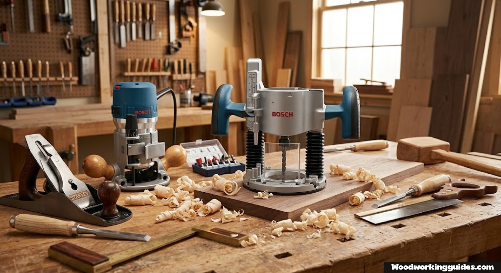 Wood router on a workbench surrounded by shavings and woodworking tools