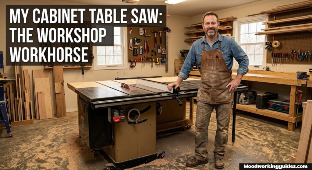 Woodworker standing beside a cabinet table saw in a home workshop