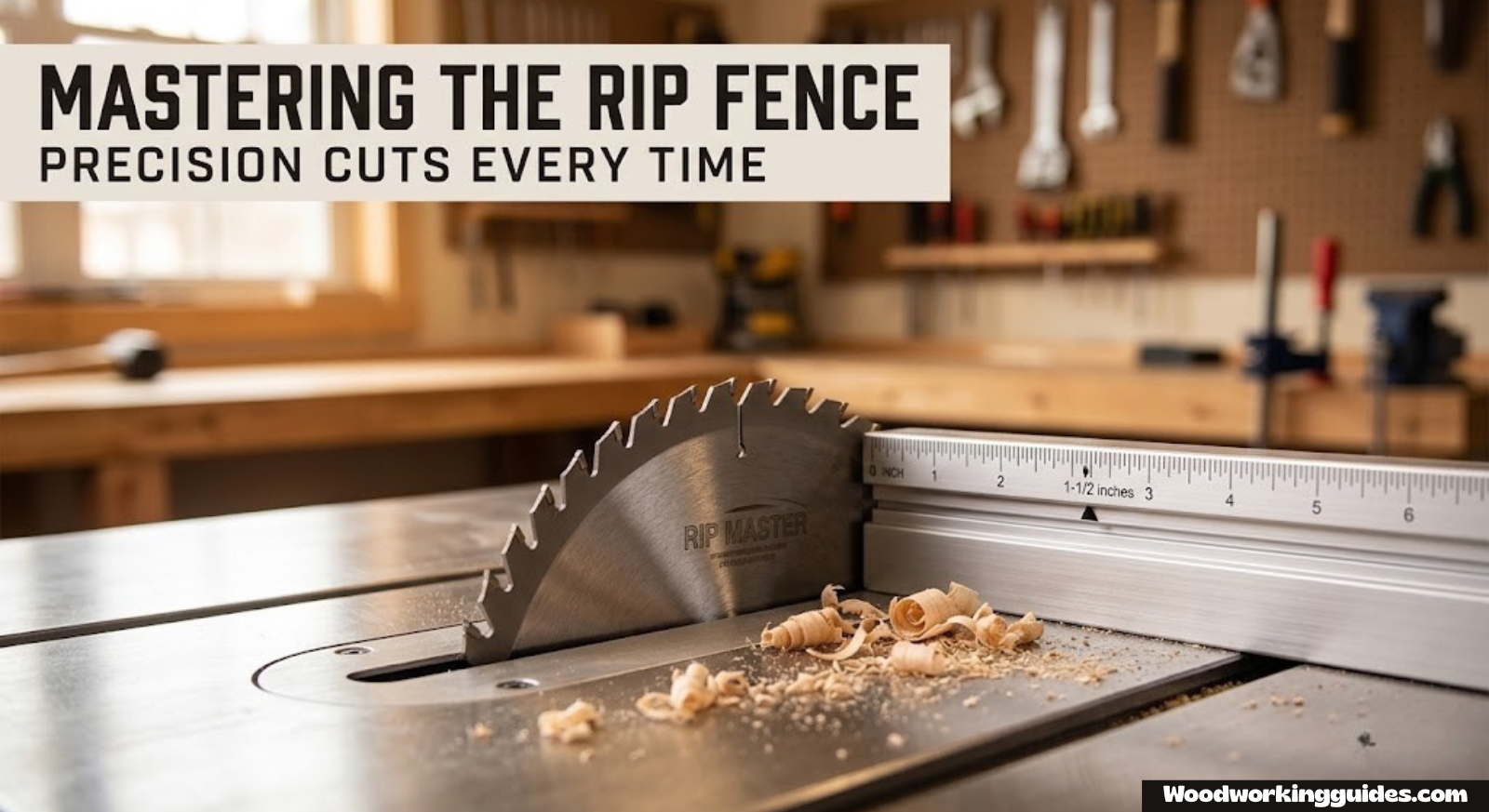 Close-up of a table saw blade and rip fence in a woodworking shop